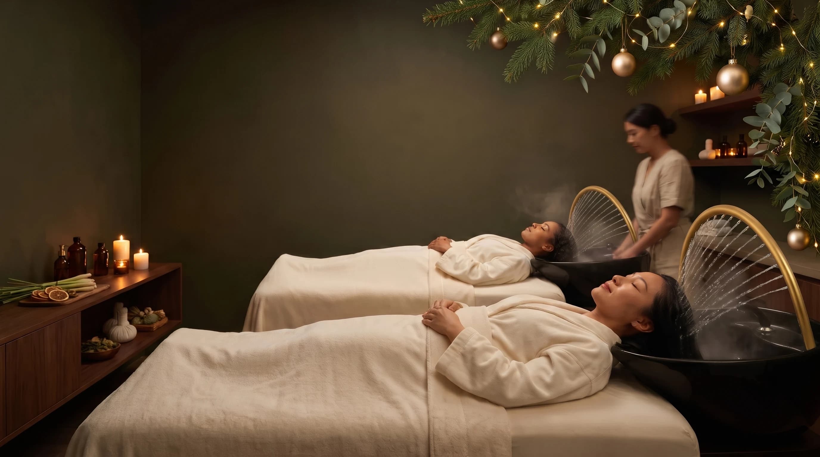 A private head-spa escape for two, framed by warm holiday lights