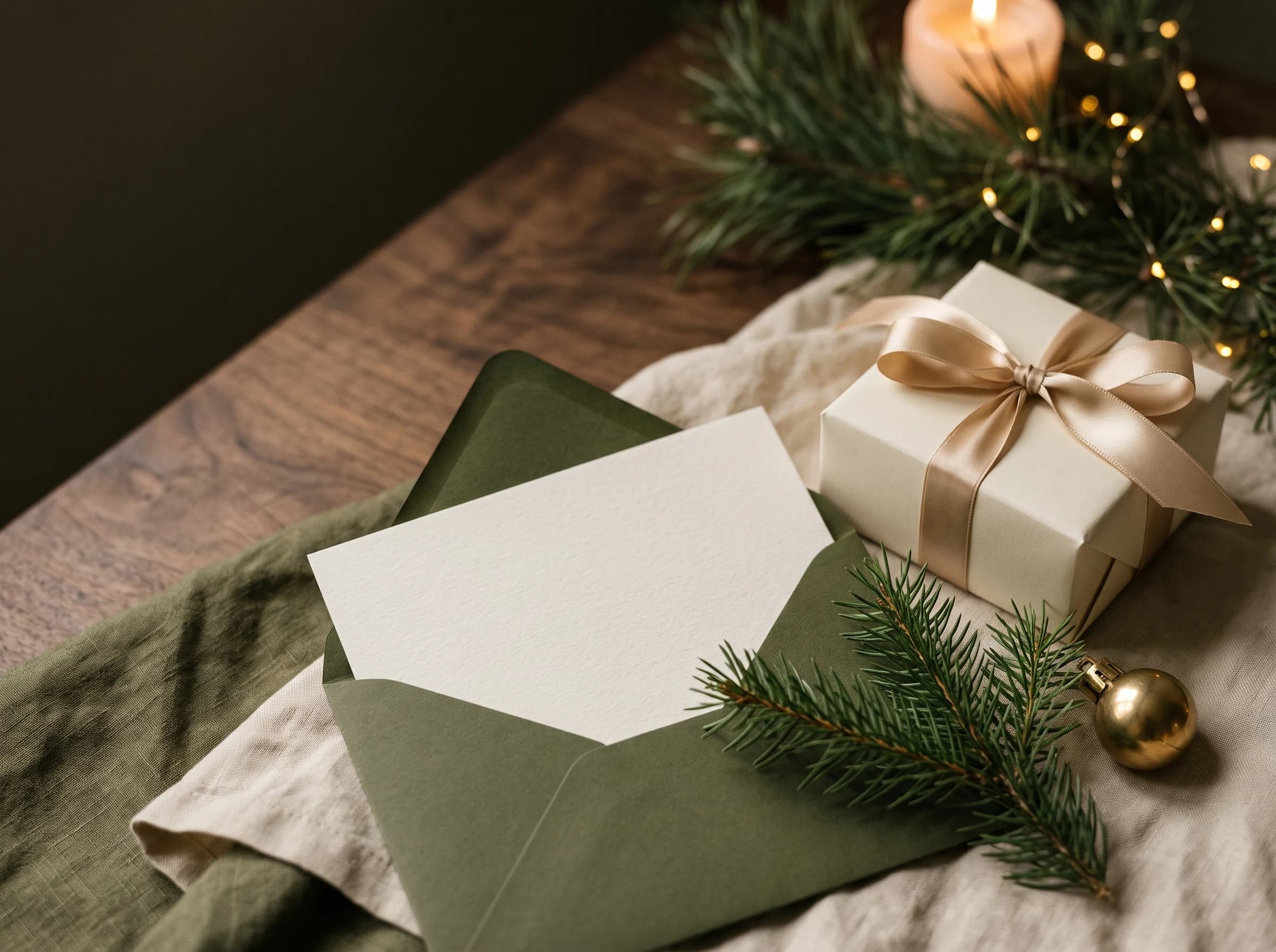 An ivory gift card and olive envelope with a champagne-gold ribbon and evergreen branches