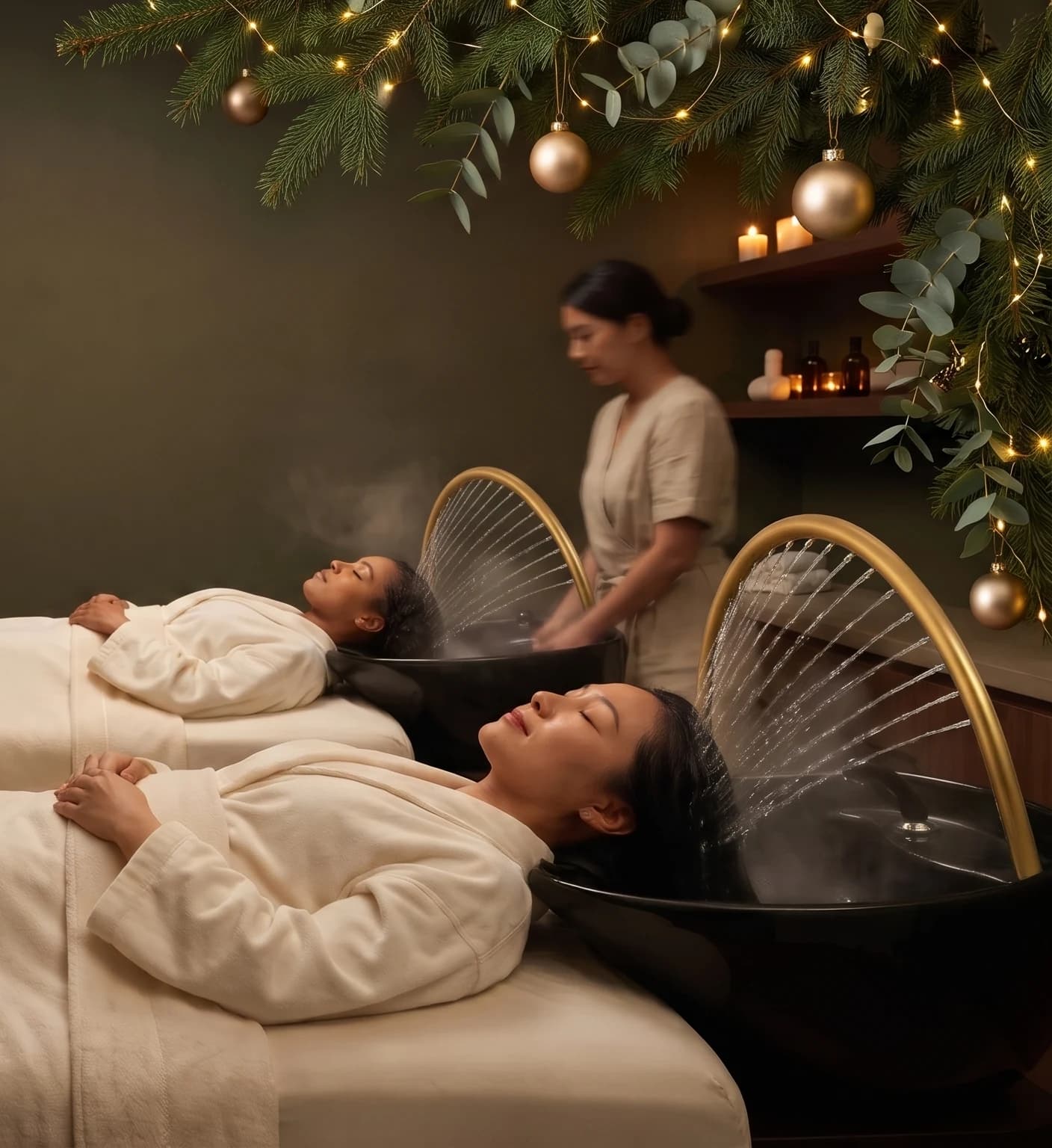 Two guests sharing a peaceful head-spa ritual in a warm holiday setting
